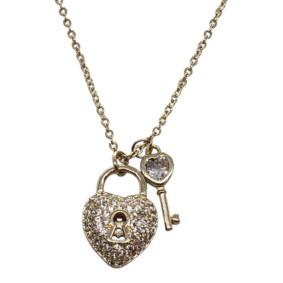 Unknown Jewelry - 14k Gold Plated Heart Lock & Key Pendant Necklace Rhinestones Love Charm Gift